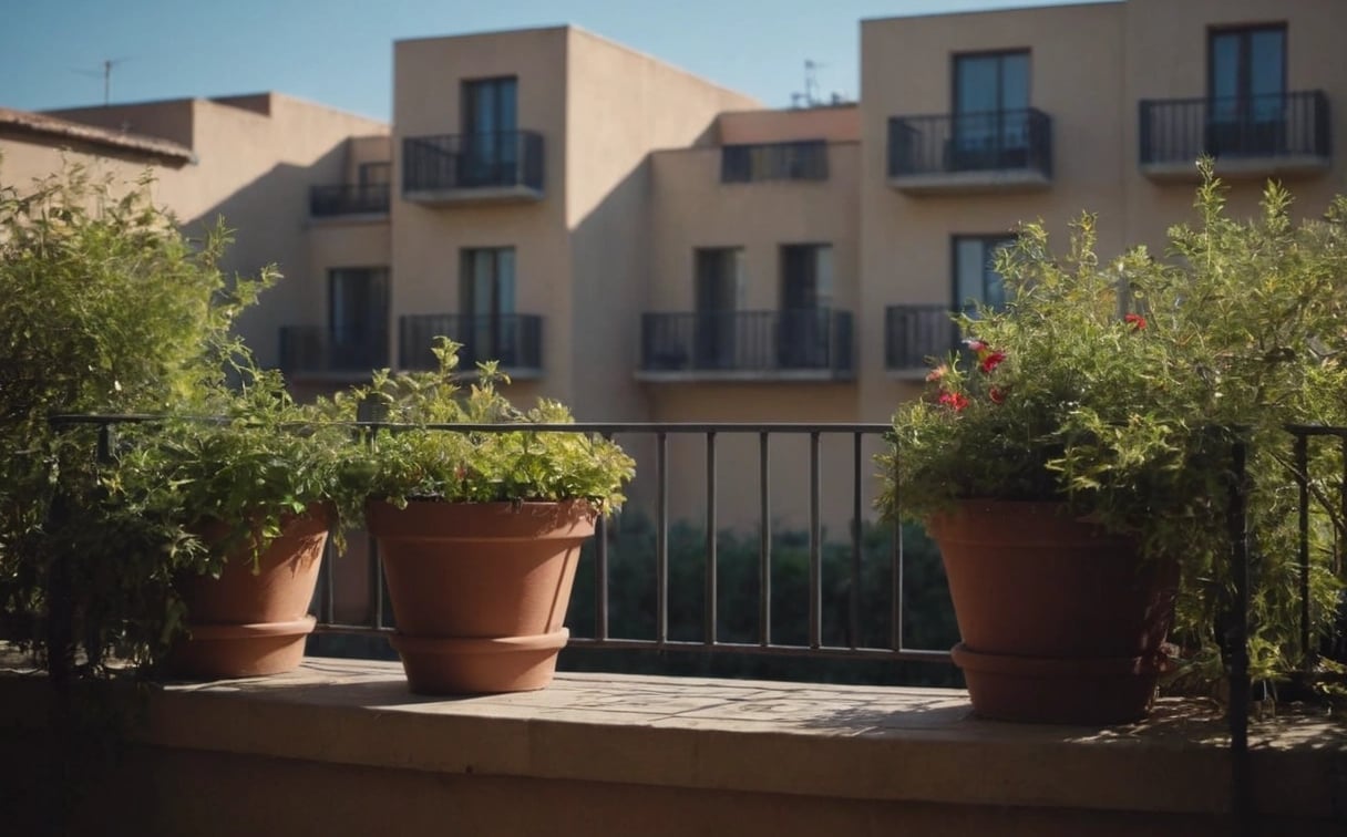 Balcon ombragé avec pots de feuillages, aromatiques et fleurs adaptées à une lumière douce