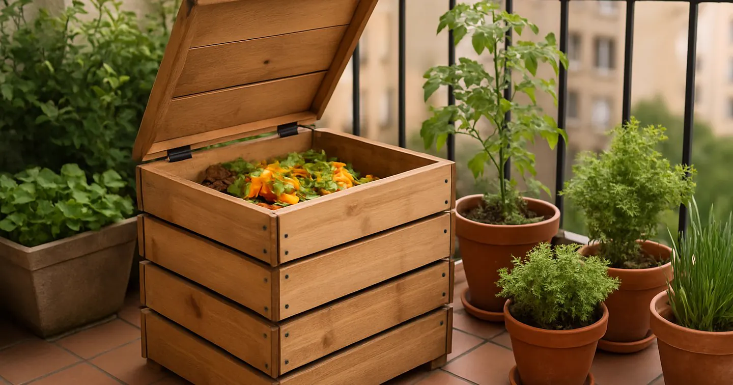 Composteur compact installé sur un balcon, entouré de plantes en pots.