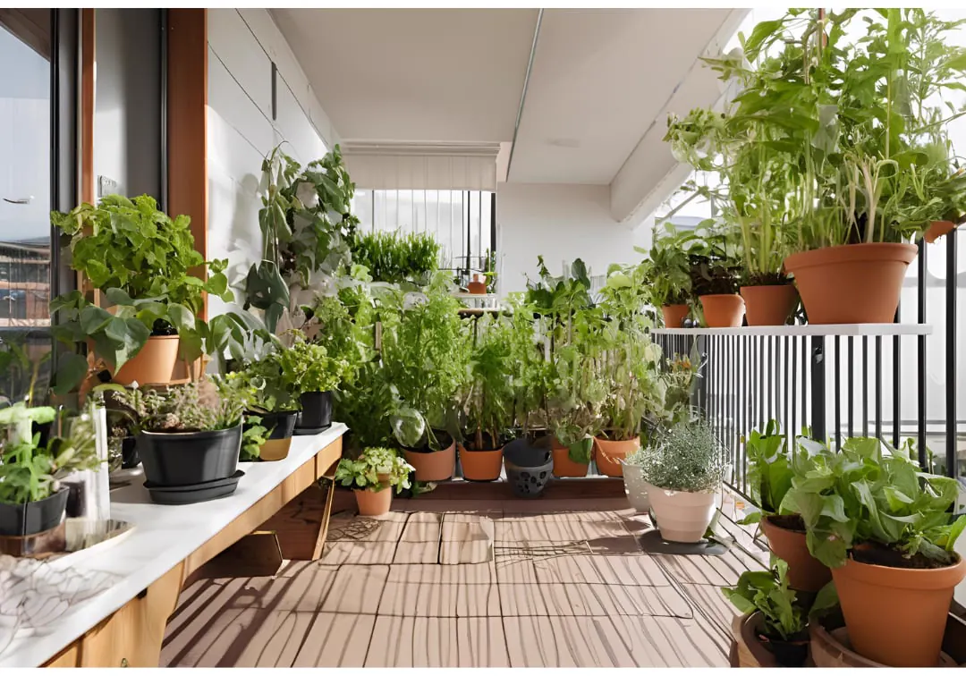 Balcon urbain avec des plantes résistantes dans des pots en terre cuite