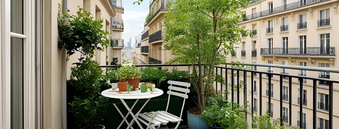 Balcon encombré avec plantes mal entretenues et pots cassés, illustrant les erreurs de jardinage.
