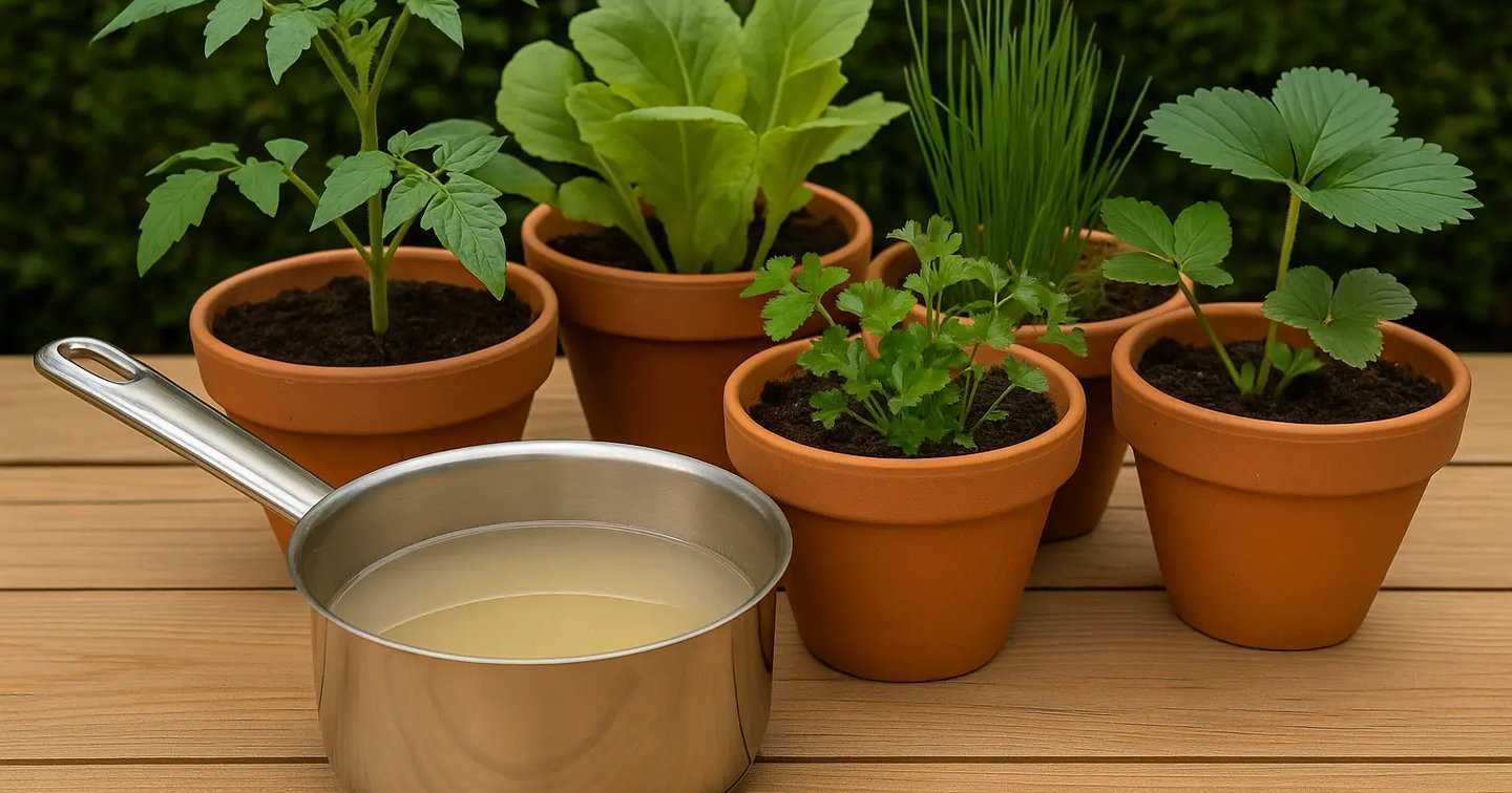 Arrosage de plantes en pot sur un balcon avec de l’eau de cuisson refroidie