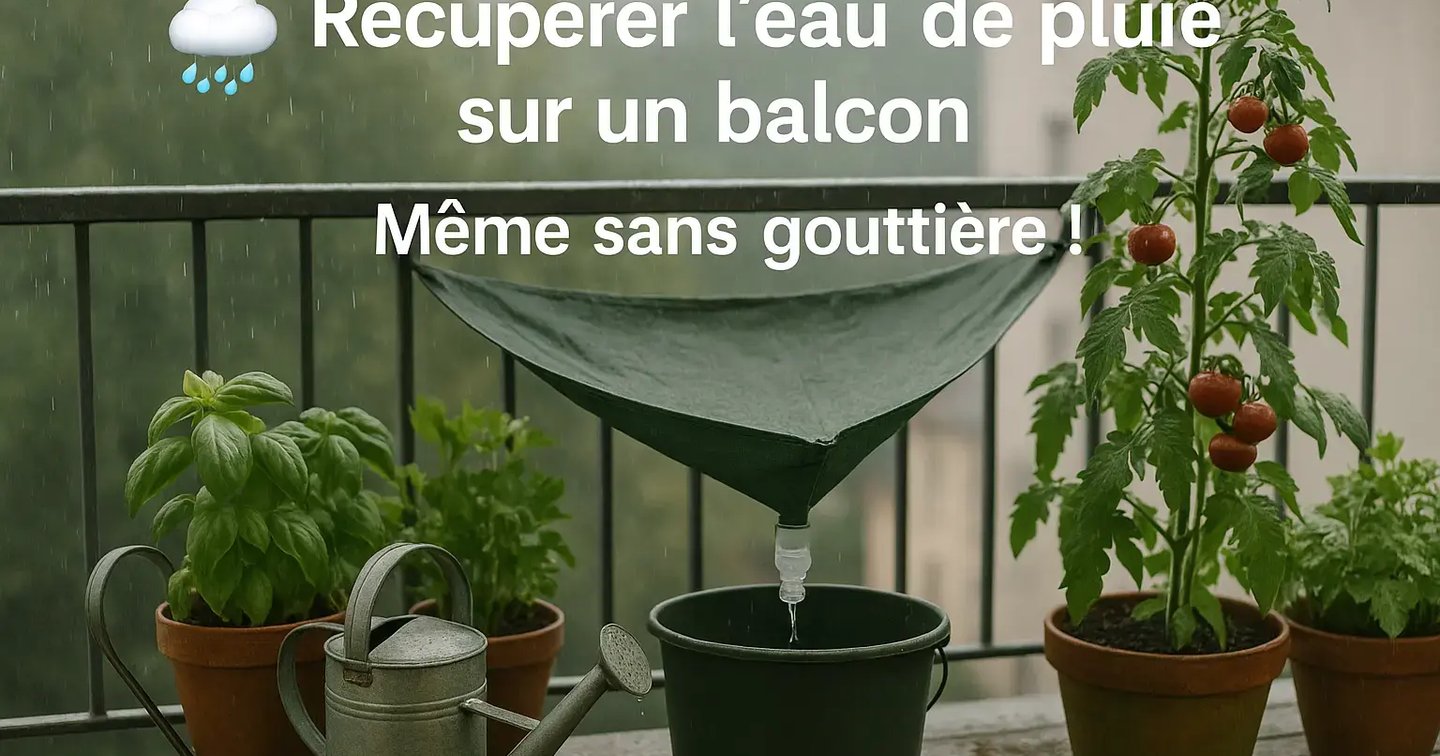 Balcon urbain avec plantes en pots sous la pluie, système de récupération d’eau fait maison