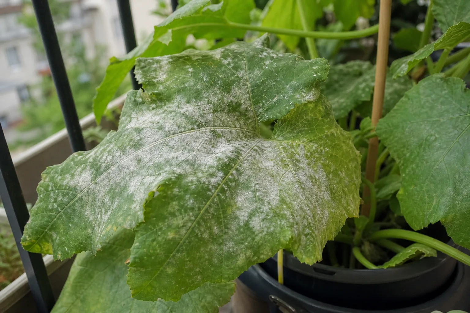 Feuille de courgette en pot avec un voile blanc d'oïdium visible
