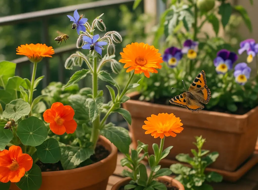 Fleurs comestibles en pots sur un balcon, incluant des soucis, des capucines,