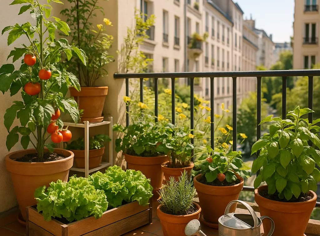 Balcon potager urbain avec plusieurs pots de légumes, aromatiques et fleurs utiles