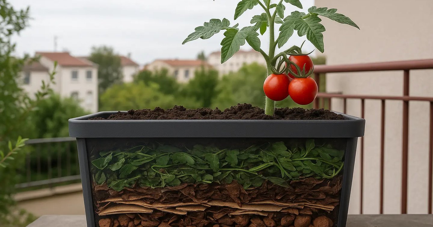 Pot de culture en lasagnes sur un balcon, montrant les différentes couches de matières organiques