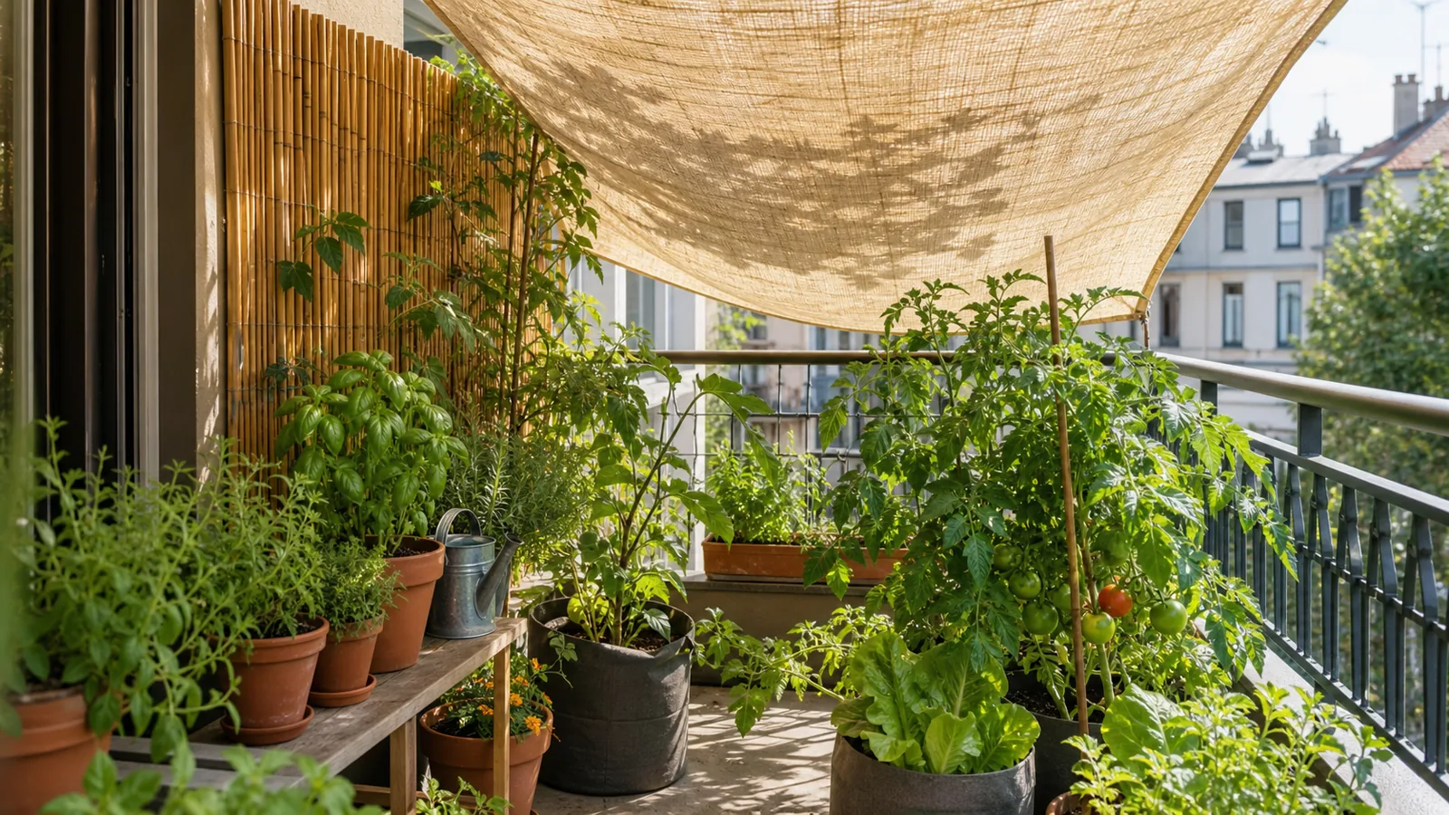 Voile d'ombrage léger au-dessus de plantes en pots sur un balcon ensoleillé
