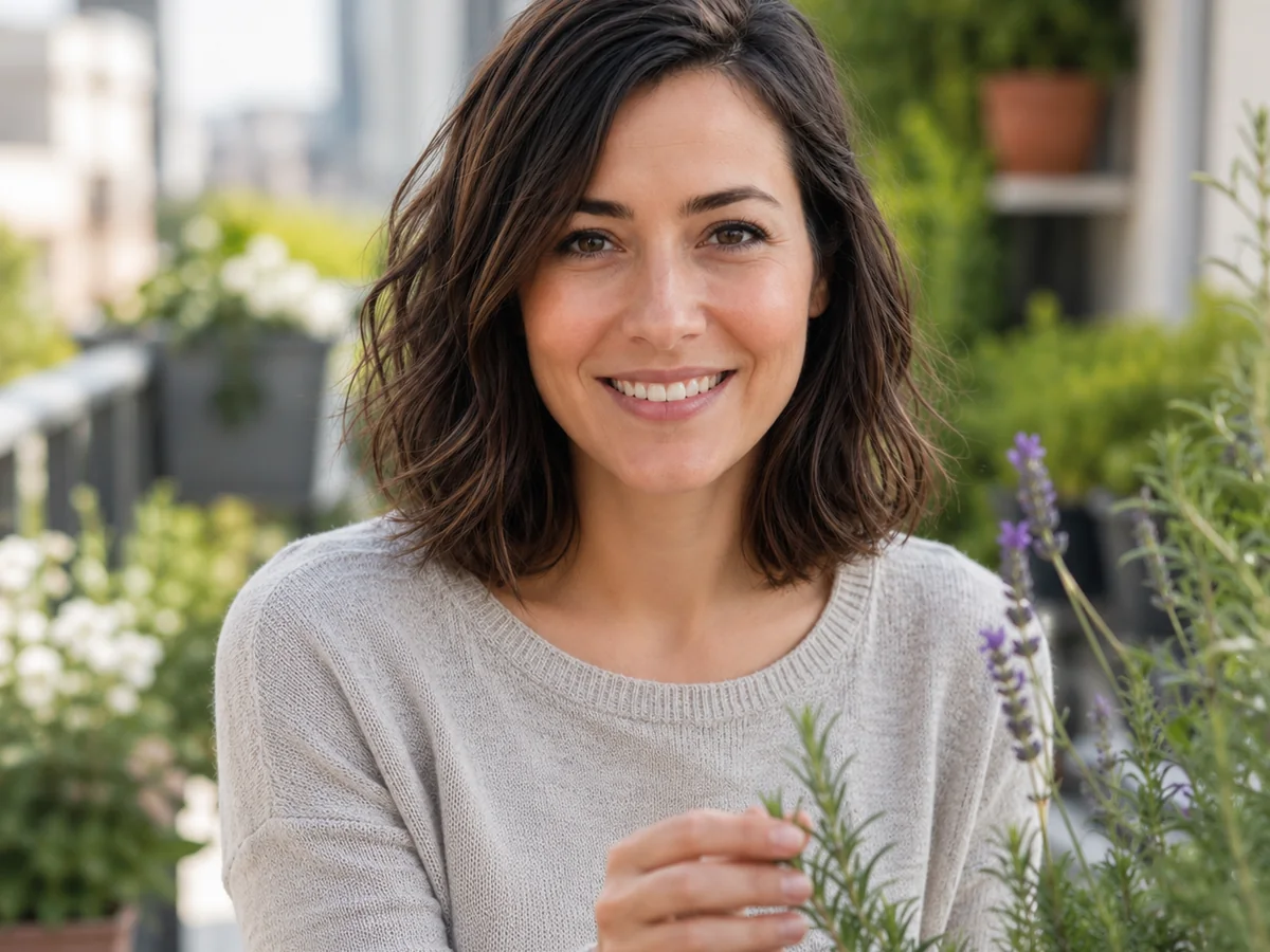 Portrait de Clara Fontaine sur un balcon végétalisé, avec des aromatiques en pot